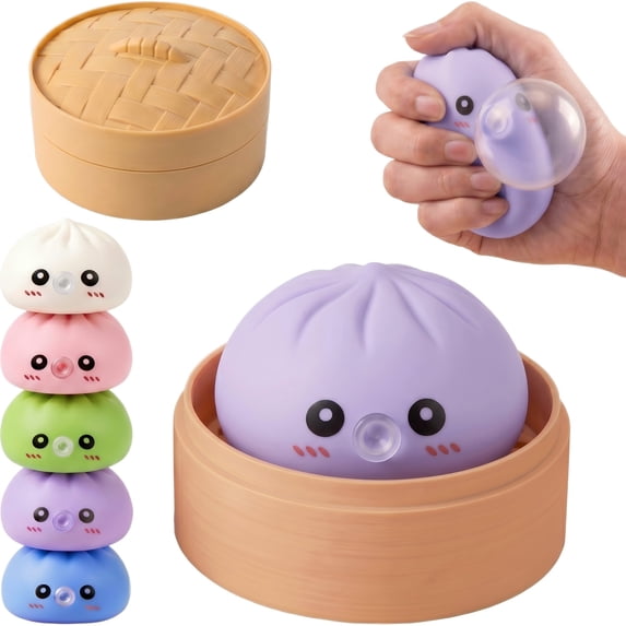 CQHVKQ 4" Dumpling Squishy Mystery Box, Rainbow Mystery Dumpling Squishy with Blowing Bubbles, Dumpling Stress Squeeze Balls with Steamer Box, Stress Relief Squishy Dumpling Toys for Kids, Purple