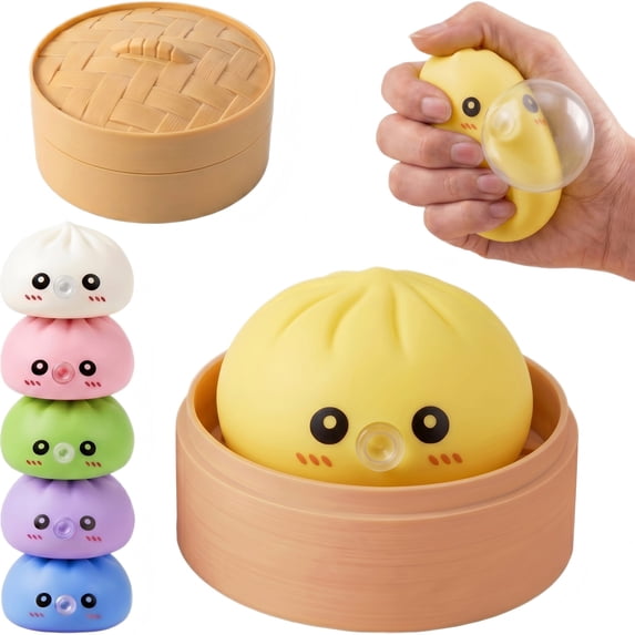 CQHVKQ 4" Dumpling Squishy Mystery Box, Rainbow Mystery Dumpling Squishy with Blowing Bubbles, Dumpling Stress Squeeze Balls with Steamer Box, Stress Relief Squishy Dumpling Toys for Kids, Yellow