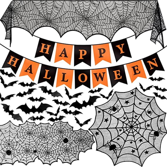 CQHVKQ 40PCS Halloween Decorations Set, 3D Bat Wall Stickers, Lace Tablecloths, Banner & Spider Web, Halloween Black Tablecloths & Runner Combo, Black Spider Web Table Decoration for Halloween Party