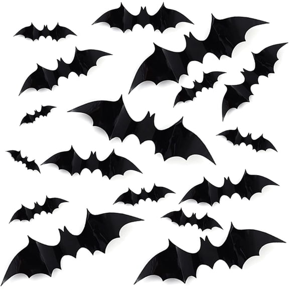 CQHVKQ 44 PCS Halloween Bats Decorations, Realistic 3D Bats Wall Stickers Decor, Assorted Size Removable PVC Bats DIY Wall Sticker for Halloween Party, Bedroom, Home, Indoor and Outdoor