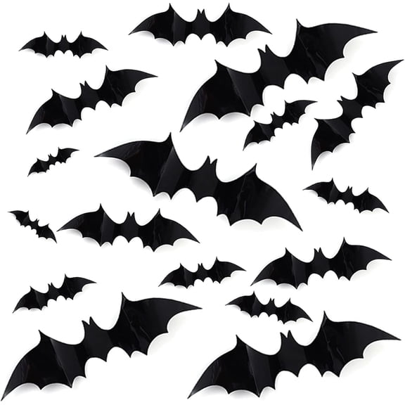 CQHVKQ 44 PCS Halloween Bats Decorations, Realistic 3D Bats Wall Stickers Decor, Assorted Size Removable PVC Bats DIY Wall Sticker for Halloween Party, Bedroom, Home, Indoor and Outdoor