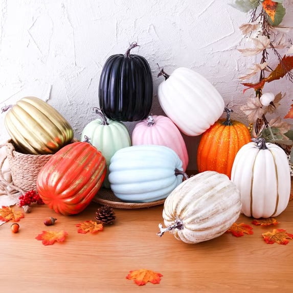 CQHVKQ 8 Inch Large Artificial Pumpkin Fall Decorations, Realistic Fake Harvest Pumpkin, Orange Gold Decorative Pumpkins for Table Centerpieces, Fall, Thanksgiving & Halloween DIY