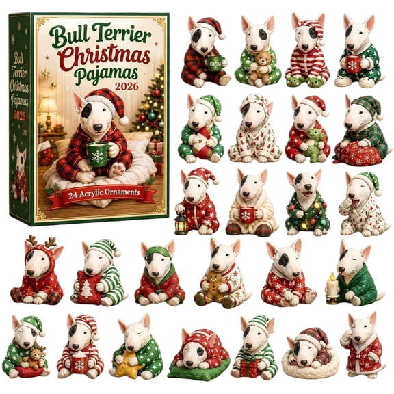 CQHVKQ Christmas Advent Calendar 2026, 24 Days Christmas Countdown Calendar of Puppy Surprise, Christmas Themed 2D Acrylic Bull Terrier Ornaments Advent Calendar for Dog Lover Gifts, Xmas Tree Decor