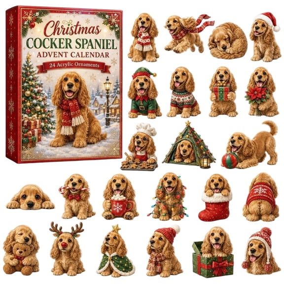 CQHVKQ Christmas Advent Calendar 2026, 24 Days Christmas Countdown Calendar of Puppy Surprise, Christmas Themed 2D Acrylic Cocker Spainel Ornaments Advent Calendar for Dog Lover Gift, Xmas Tree Decor