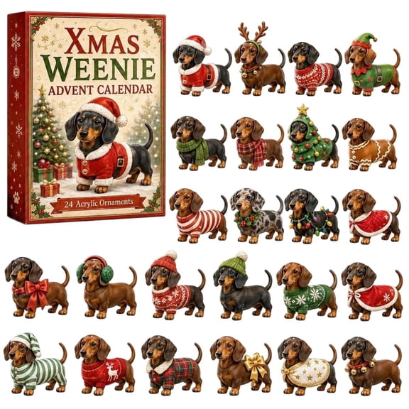 CQHVKQ Christmas Advent Calendar 2026, 24 Days Christmas Countdown Calendar of Puppy Surprise, Christmas Themed 2D Acrylic Dachshund Ornaments Advent Calendar for Dog Lover Gifts, Xmas Tree Decor