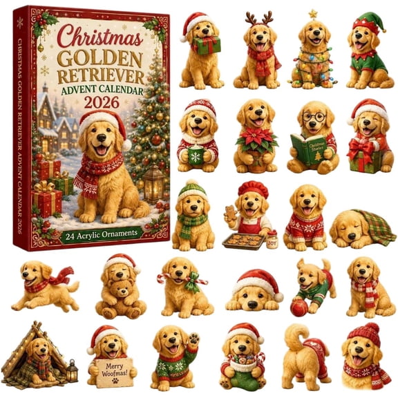 CQHVKQ Christmas Advent Calendar 2026, 24 Days Christmas Countdown Calendar of Puppy Surprise, Christmas Themed 2D Acrylic Golden Retriever Ornaments Advent Calendar for Dog Lover Gifts, Xmas Tree