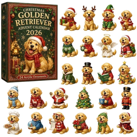 CQHVKQ Christmas Advent Calendar 2026, 24 Days Christmas Countdown Calendar of Puppy Surprise, Christmas Themed 2D Acrylic Golden Retriever Ornaments Advent Calendar for Dog Lover Gifts, Xmas Tree