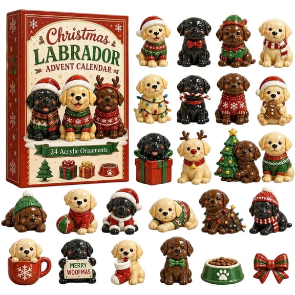 CQHVKQ Christmas Advent Calendar 2026, 24 Days Christmas Countdown Calendar of Puppy Surprise, Christmas Themed 2D Acrylic Labrador Ornaments Advent Calendar for Dog Lover Gifts, Xmas Tree Decor