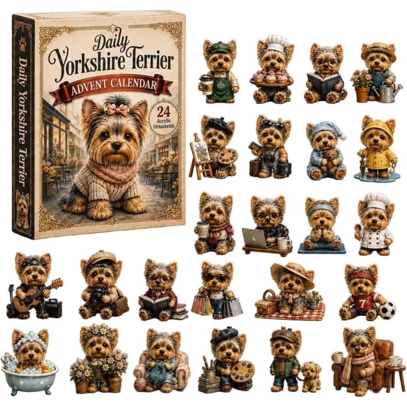 CQHVKQ Christmas Advent Calendar 2026, 24 Days Christmas Countdown Calendar of Puppy Surprise, Daily Themed 2D Acrylic Yorkshire Terrier Ornaments Advent Calendar for Dog Lover Gifts, Xmas Tree Decor
