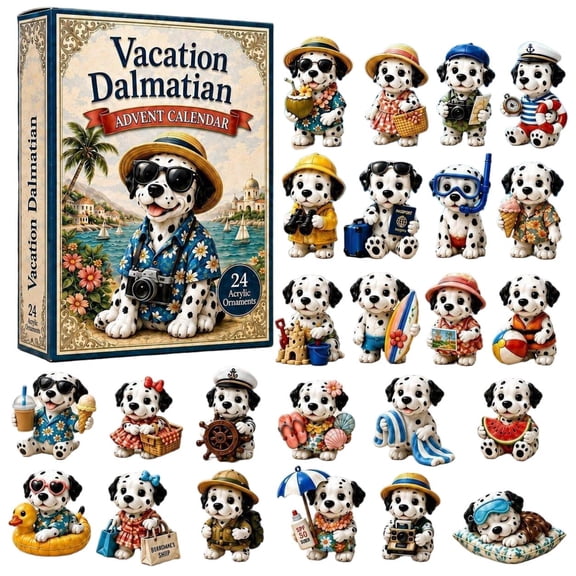 CQHVKQ Christmas Advent Calendar 2026, 24 Days Christmas Countdown Calendar of Puppy Surprise, Vacation Themed 2D Acrylic Dalmatian Ornaments Advent Calendar for Dog Lover Gifts, Xmas Tree Decor