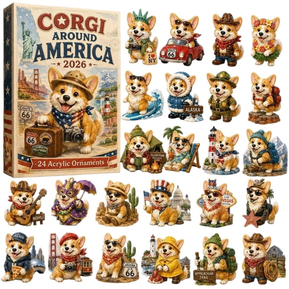 CQHVKQ Christmas Corgi Advent Calendar 2026, 24 Days Christmas Countdown Calendar of Puppy Surprise, Christmas Themed 2D Acrylic Corgi Ornaments Advent Calendar for Dog Lover Gifts, Xmas Tree Decor