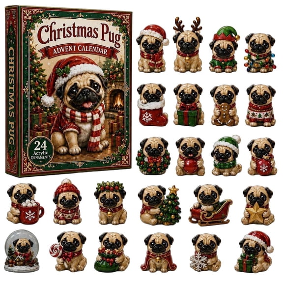 CQHVKQ Christmas Pug Advent Calendar 2026, 24 Days Christmas Countdown Calendar of Puppy Surprise, Christmas Themed 2D Acrylic Pug Ornaments Advent Calendar for Dog Lover Gifts, Xmas Tree Decor