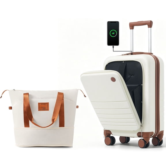 CQHXIAO Expandable Front Opening 20-Inch Carry-On Luggage Set with USB Port and Cup Holder Two-Piece ABS Suitcase, Ivory