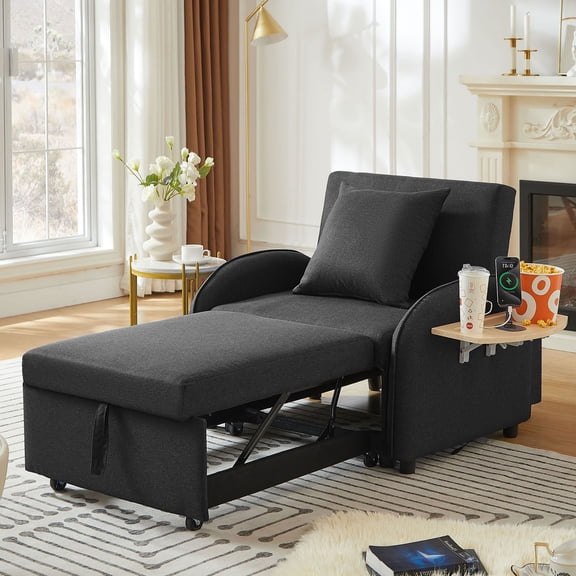 CQHXIAO Versatile Sleeper Sofa Chair with Foldable Table and USB Ports, Multi-Position Backrest and Metal Frame, 3-In-1 Design for Small Spaces, Living Room or Bedroom Use, Black