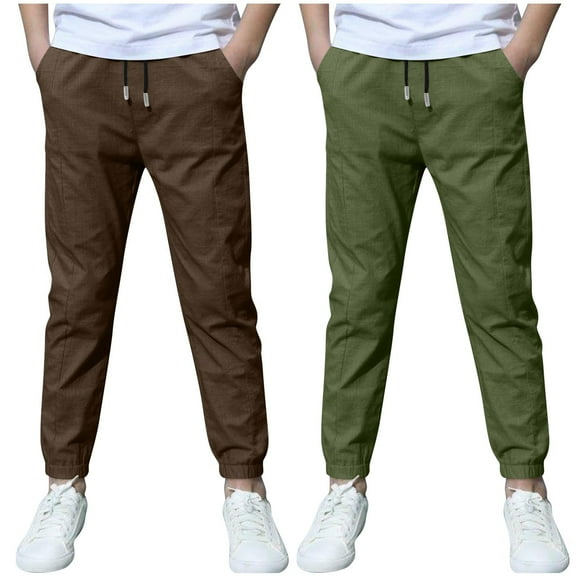 CQONEPT 2 Pack Boy's Cotton Linen Pants Drawstring Youth Mosquito Proof Pants Jogging Activewear Outdoor Pant with Pockets Brown 3 Years