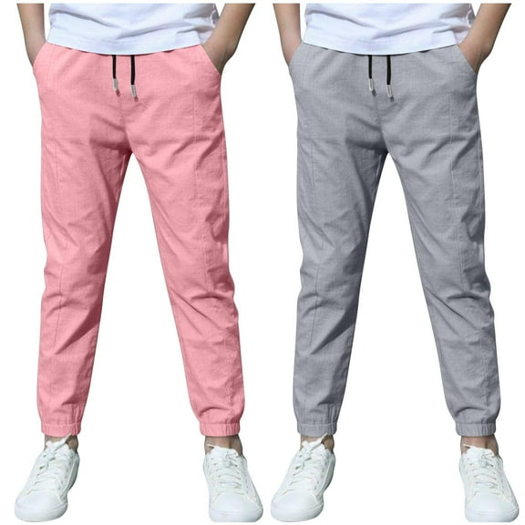 CQONEPT 2 Pack Boy's Cotton Linen Pants Drawstring Youth Mosquito Proof Pants Jogging Activewear Outdoor Pant with Pockets Pink 9 Years