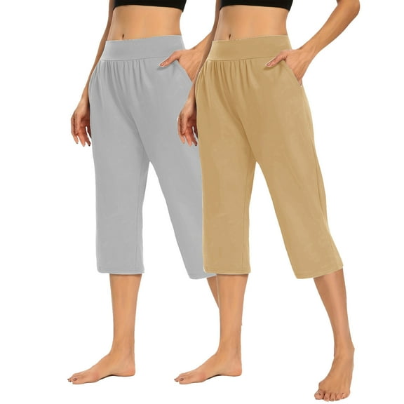 CQONEPT 2 Pack Capris Pants for Womens Casual Loose Yoga Pants with Pockets Lightweight Workouts Trousers Khaki 3XL