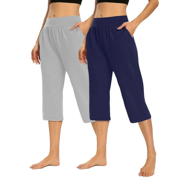 CQONEPT 2 Pack Capris Pants for Womens Casual Loose Yoga Pants with Pockets Lightweight Workouts Trousers Navy S