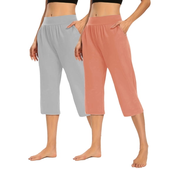 CQONEPT 2 Pack Capris Pants for Womens Casual Loose Yoga Pants with Pockets Lightweight Workouts Trousers Orange S