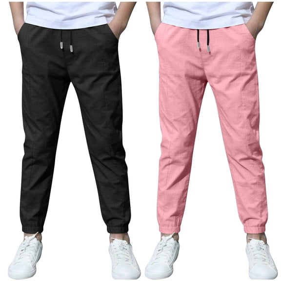 CQONEPT 2 Pack Linen Cotton Pants for Boys Athletic Youth Stretchy Jogger Pant Hiking Camping Outdoor Pant with Pockets Hot Pink 12 Years