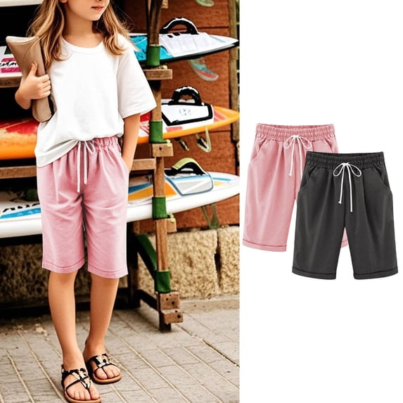 CQONEPT 2 Pack Summer Shorts for Girls Casual Bermuda Athletic Long Shorts Elastic Waistband Pant with Pockets 3-13 Years Dark Gray 12-13Years