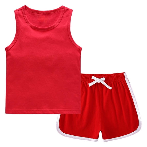 CQONEPT 2 Piece Outfits for Kids Sleeveless Tank Top and Elastic Waist Drawstring Summer Shorts Red 9-10 Years