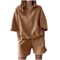 thumbnail image 1 of CQONEPT 2 Piece Outfits for Womens Casual Short Sleeved Two piece Set Clothes Solid Color Shorts with Pockets Brown S, 1 of 5