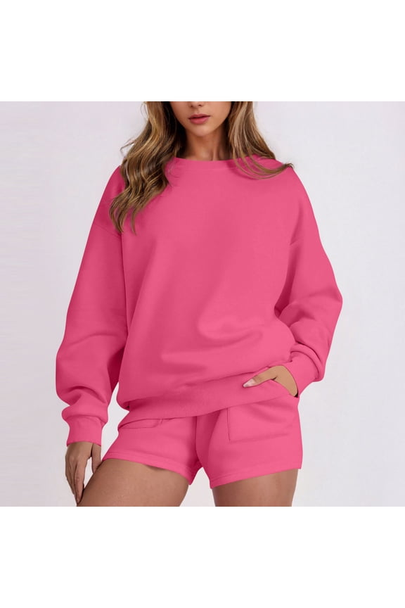 2 Piece Set for Womens Long Sleeve Crewneck Sweatsuit Loose Fit Casual Outfits Shorts with Pockets Hot Pink XL