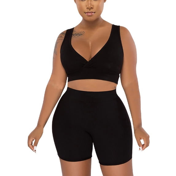 CQONEPT 2 Piece Sets for Women Summer Workout Set Bra Biker Shorts Gym Sports Knit Ribbed Yoga Clothes Athletic Outfits Black M