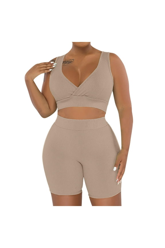 2 Piece Sets for Women Summer Workout Set Bra Biker Shorts Gym Sports Knit Ribbed Yoga Clothes Athletic Outfits Khaki S