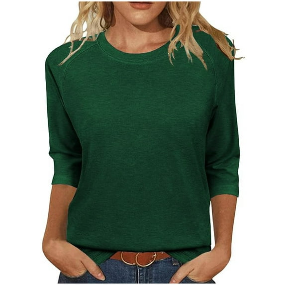 CQONEPT 3/4 Sleeve Shirts for Womens Crewneck Casual Pullover Activewear Going Out Blouse Plain Tunic Tops Green L