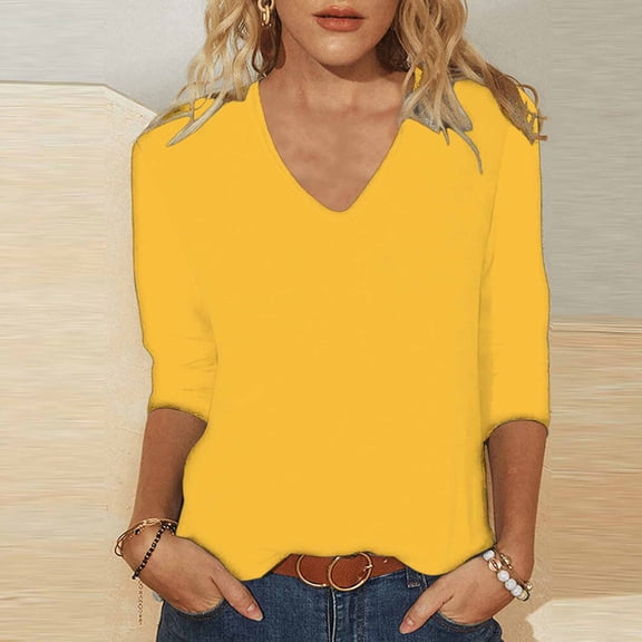 CQONEPT 3/4 Sleeve Tops for Womens V Neck Casual Solid Color Tunic Tops Going Out Blouse Fall Winter Shirts Yellow L