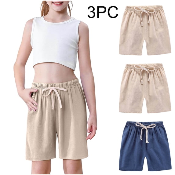 CQONEPT 3 Pack Girls Cotton Linen Shorts Elastic Waist School Uniform Flat Front Cute Summer Bech Shorts Pants