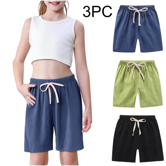CQONEPT 3 Pack Girls Cotton Linen Shorts Elastic Waist School Uniform Flat Front Cute Summer Bech Shorts Pants