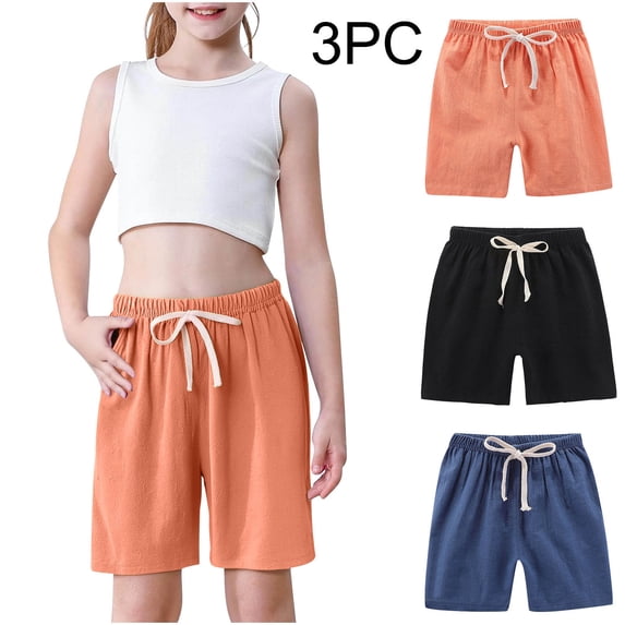 CQONEPT 3 Pack Girls Cotton Linen Shorts Elastic Waist School Uniform Flat Front Cute Summer Bech Shorts Pants