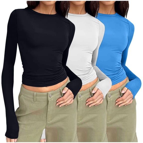 CQONEPT 3 Packs Womens Tops Crewneck Long Sleeve Shirts Contoured Fit Undershitrt Casual Stretchy Blouse Blue S