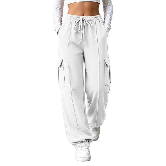 CQONEPT Baggy Cargo Sweatpant Women Elastic Waist Loose Fleece Fall Winter Pant Streetwear Casual Trousers with Side Pockets