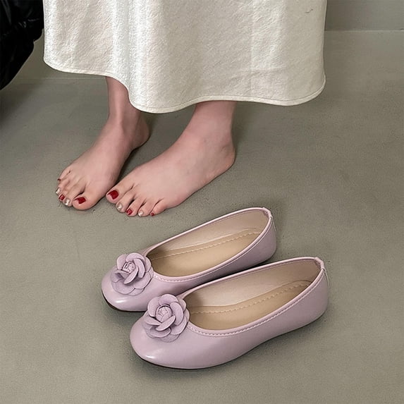 CQONEPT Ballet Flats for Women Flats Round Toe Slip On Dress Shoes Shallow Mouth Comfortable Flower Flats Shoes Work Office Shoes Purple 39