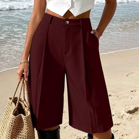 CQONEPT Bermuda Shorts for Women Knee Length Stretchy Elastic Waist Wide Leg Casual Business Shorts with Pockets Wine XXXL