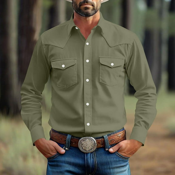 CQONEPT Big and Tal Blouse for Mens Button Down Lapel Neck Classic Fit Shirts Casual Long Sleeve Shirts with Pockets Army Green S