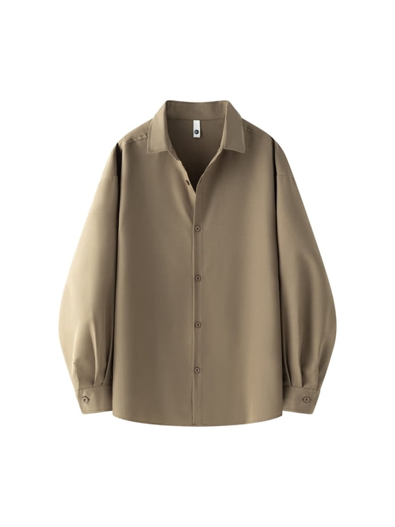 Big and Tall Blouse for Mens Lapel Neck Casual Tunic Top Button Down Shirts Solid Color Blouse Khaki 3XL