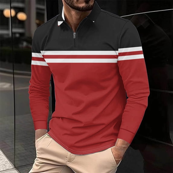 CQONEPT Big and Tall Blouse for Mens Long Sleeve Tunic Tops 1/4 Zip Color Block Shirts Casual Office Pullover Tops Red M