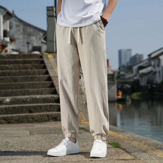 CQONEPT Big and Tall Crop Pants with Pocket for Mens Casual Elastic Waist Pant Drawstring Loose Fit Trousers Khaki L