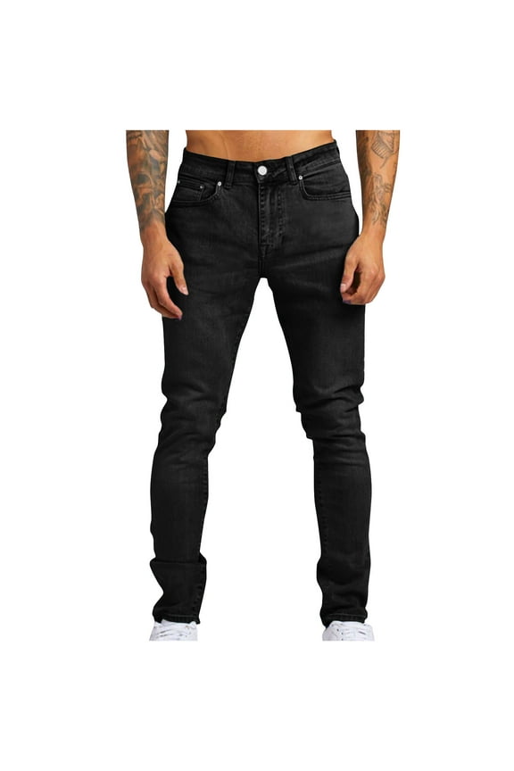 Big and Tall Jean for Men Y2K Streetwear Lounge Denim Pants Skinny Leg Casual Fashion Button Trousers with Pockets Black S（30）
