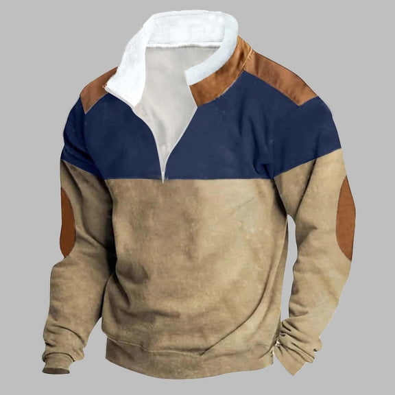 CQONEPT Big and Tall Pullover for Mens Lapel Neck Hoodies Color Block Casual Hooded Winter Outdoor Sweatshirts Khaki 5XL