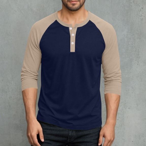 CQONEPT Big and Tall Tunic Tops for Mens Button Crewneck Pullover Tops Long Sleeve Shirts Color Block Clothes Yellow 5XL