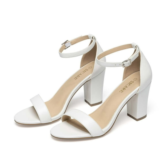 CQONEPT Block Chunky Heel Dressy Open Toe Heels For Women Ankle Strap Low Short Dress Comfortable Sandal Casual Party Wedding Event Summer Shoes Size 7.5 White