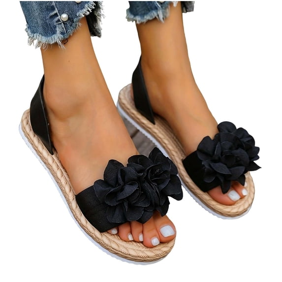 CQONEPT Bohemian Sandals For Women Flower Sandals Ankle Strap Open Toe Wide Width Arch Support Sandals Dressy Flat Beach Casual Shoes Black 36