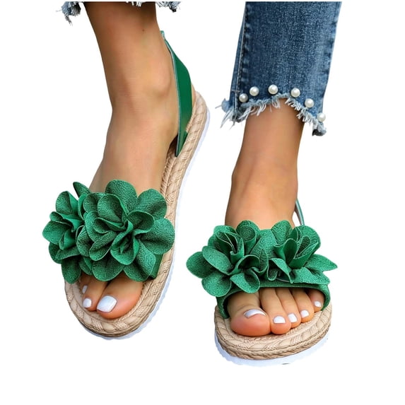 CQONEPT Bohemian Sandals For Women Flower Sandals Ankle Strap Open Toe Wide Width Arch Support Sandals Dressy Flat Beach Casual Shoes Green 36