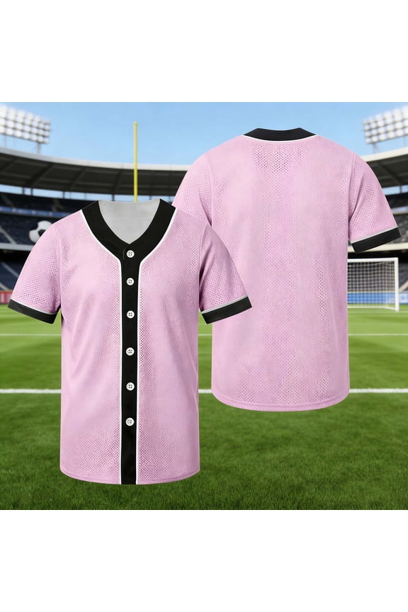 Boys Button Down Plain Baseball Jersey V Neck Softball Team Uniform Hip Hop Short Sleeve Active Shirts Pink 140